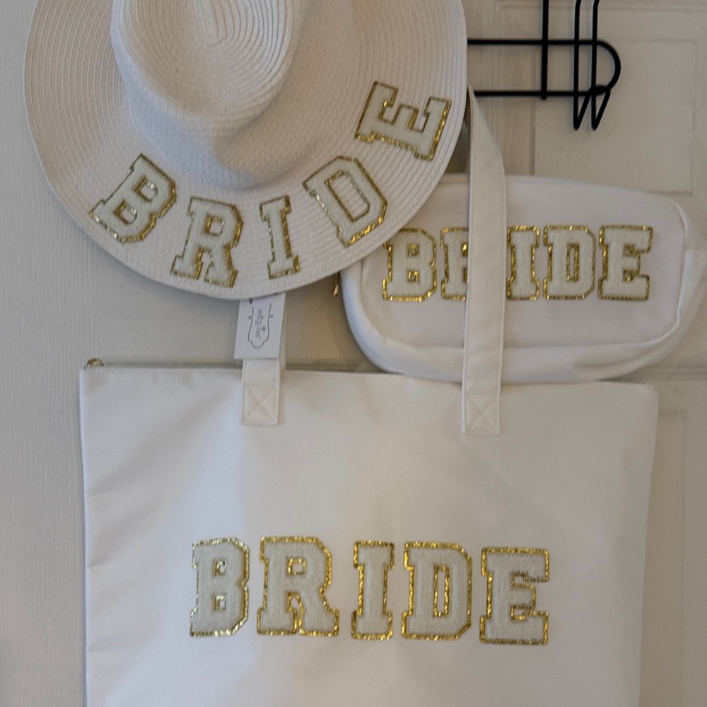 Bride sunhat,Large Bride Travel tote and Makeup bag bundle